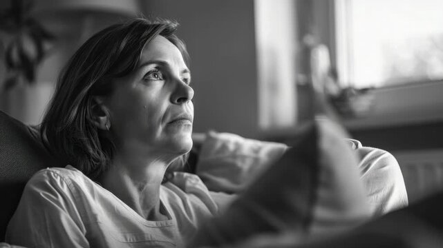 A woman with a contemplative or somber expression, sitting alone on a couch indoors.