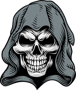 Grim reaper skull hooded death character illustration drawing in vintage woodcut engraving style. Detailed gothic skeleton face isolated on white background. Dark reaper mascot tattoo or emblem design
