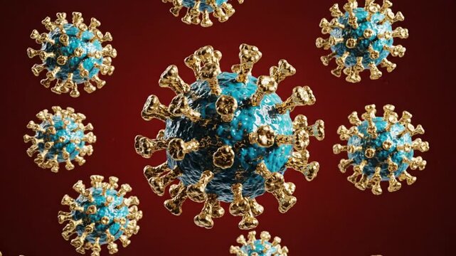 Coronavirus Macro Close-Up with Golden Spikes on a Blueish Globe Surrounded by Other Virus Particles in a Red Background