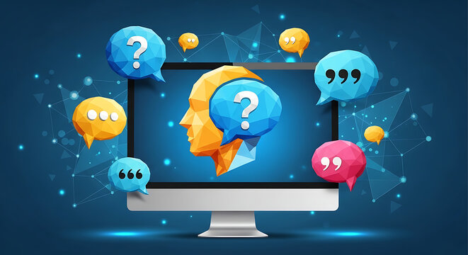 Abstract digital chatbot assistant logo displayed on modern computer monitor screen with floating speech bubbles, question marks, and citation icons representing AI communication service.
