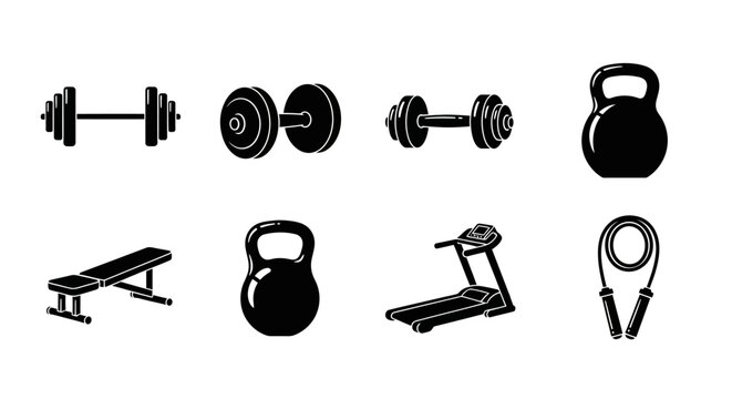 Fitness Equipment Icons: Dumbbells, Kettlebells, Treadmill, Bench, Jump Rope