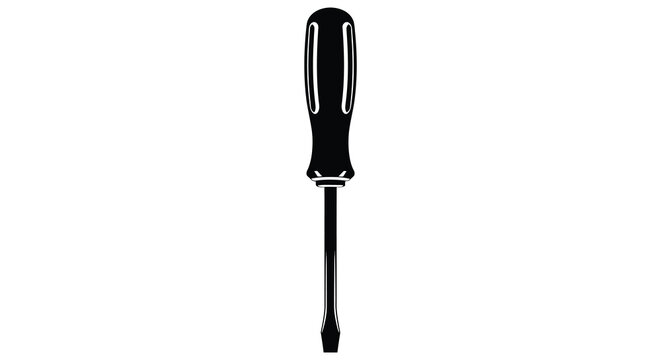 A stark black silhouette of a flathead screwdriver against white background