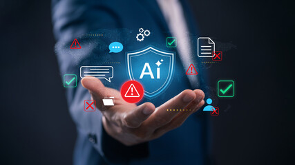 AI risk management and cybersecurity concept. businessman showing compliance checks, threat alerts,...