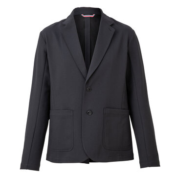 Modern grey black blazer and navy blue suit jacket for men. This smart casual navy blue blazer features patch pockets. Professional navy blue sport coat isolated on white background for mockup.