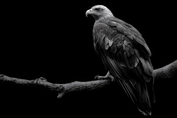 Fototapeta premium Solitary Eagle Perched on Branch, Solid Black Background, Highly Realistic Feathers and Sharp Details