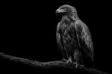 Fototapeta premium Solitary Eagle Perched on Branch, Solid Black Background, Highly Realistic Feathers and Sharp Details