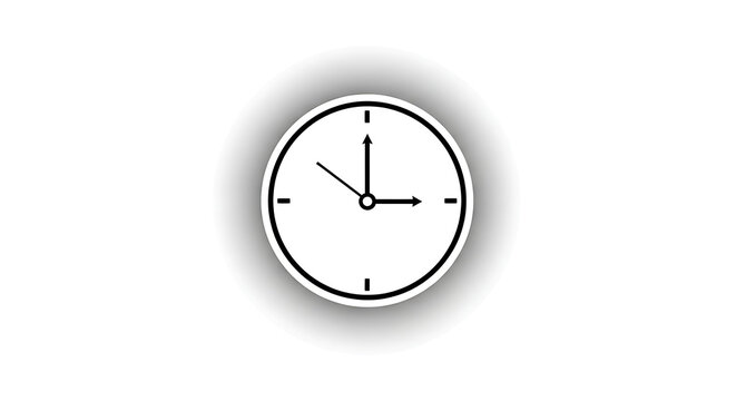 Minimalist black and white clock icon showing three o'clock with subtle shadow for time and schedule representation with three oclock