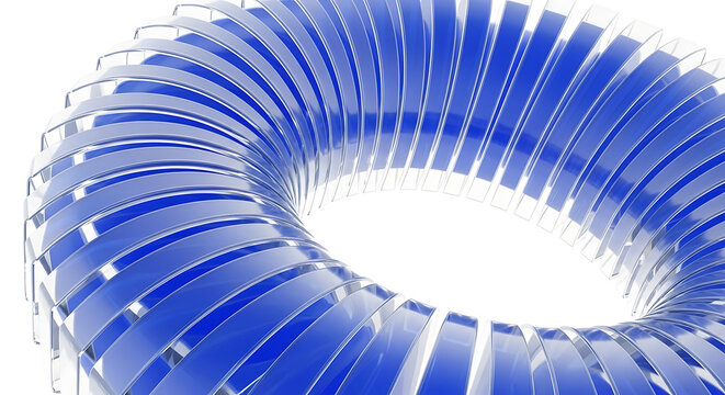Blue abstract geometric toroidal shape with metallic strips and glowing light effect on white background for technology and modern design with blue torus