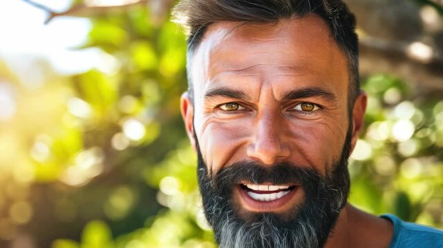 Man with beard and mustache smiling into camera, outdoor setting