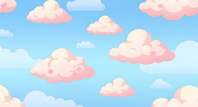 Blue sky background with soft cartoon clouds, bright and cheerful atmosphere.
