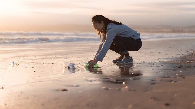Young woman collects plastic bottles on a beach reflecting morning light inspiring environmental action