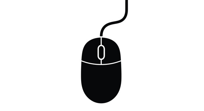 A minimalist black silhouette depicts a standard computer mouse with a cable extending from its top high quality professional detailed modern