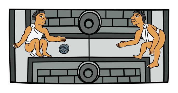 Aztec ball players, playing with a rubber ball, in  an H-shaped court.  Ancient Mesoamerican ballgame, played in a masonry ballcourt, with upper goals, circle shaped stone rings with a hole. Vector