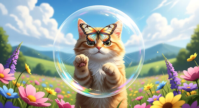 Enchanting digital painting featuring a cute kitten encased within a crystal sphere while a mystical winged insect brushes colorful blossoms across a lush summer landscape.