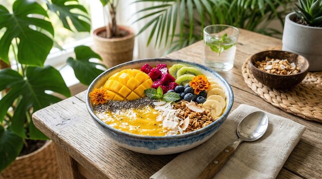 A vibrant and healthy breakfast bowl filled with fresh fruits and granola on a wooden table surrounded by lush green plants