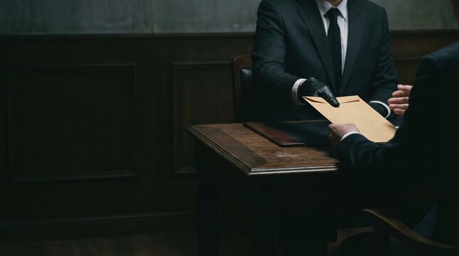 Man in black suit wearing glove handing brown envelope to another man at wooden desk. Secret transaction in dark room. Conceptual image of illegal deal, bribery, corruption, crime.