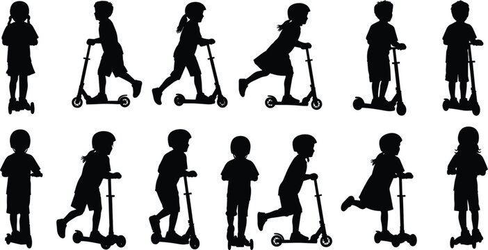 Large collection of vector silhouettes of children in helmets riding and standing with kick scooters on white background