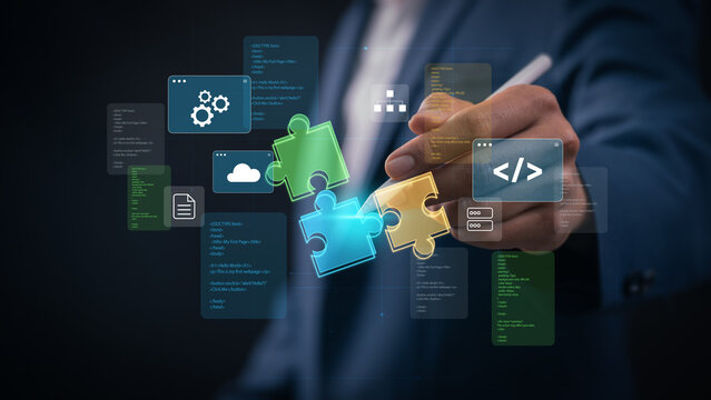 Low code no code development platform concept with professional using stylus on digital interface, application builder tools, cloud integration, and workflow automation for efficient software creation