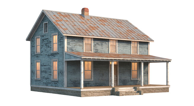 Blue house with copper roof and large porch isolated on a transparent background