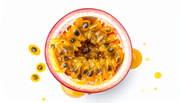 Passion Fruit's Essence: A captivating top-down view of a halved passion fruit, showcasing its vibrant pulp and edible seeds, representing the exotic taste. 