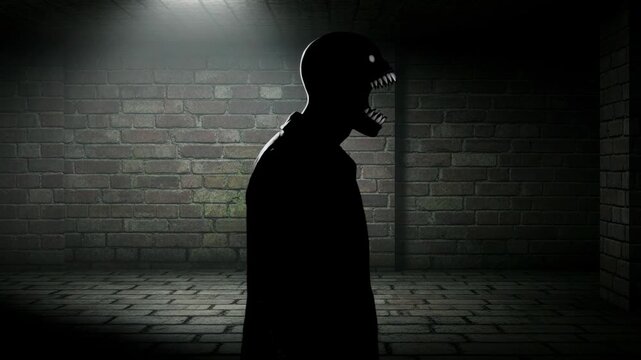 Scary monster with sharp teeth standing in dark brick hallway. Creepy silhouette in shadows represents fear. Cinematic horror scene for dark thriller concept.