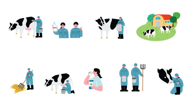 酪農業で働く男女のイラストセット