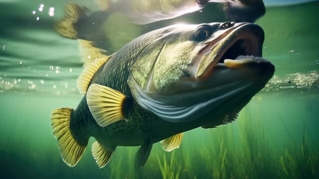 Male largemouth bass in water, showing teeth and mouth open.