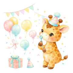 Naklejka premium A cute giraffe birthday clipart collection featuring playful giraffes with party hats, balloons, cakes, and gifts in soft, cheerful colors. 