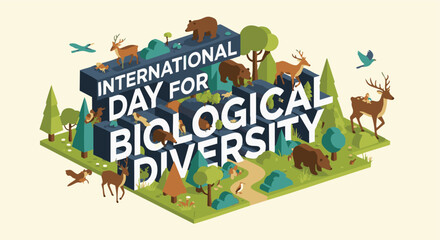 Fototapeta premium International Day for Biological Diversity isometric illustration with forest landscape and wild animal characters in natural muted tones for ecology awareness signage.