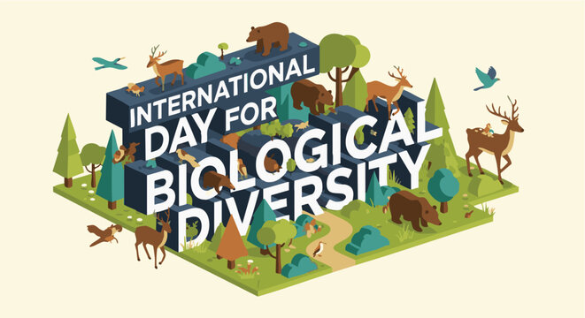International Day for Biological Diversity illustration with animals and plants in colorful vibrant lighting for ecology awareness