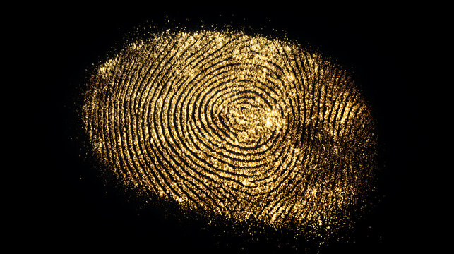 Macro view of a distinct gold fingerprint, sparkling and unique, captured on a dark, mysterious background, symbolizing identity and security