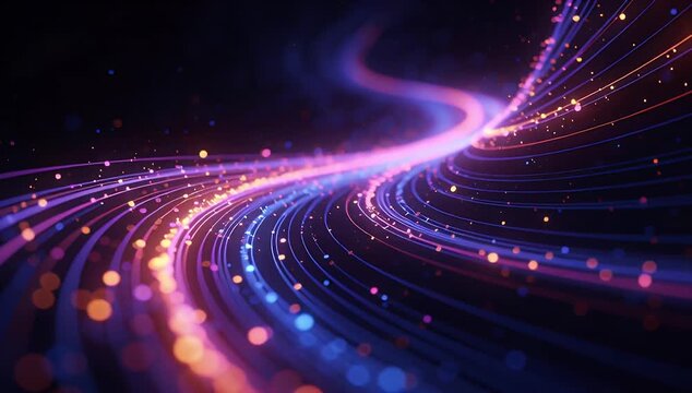 Colorful light trail neon line abstract wave glowing particle futuristic path seamless looping energy flow digital wave motion curve background design with vibrant night glow
