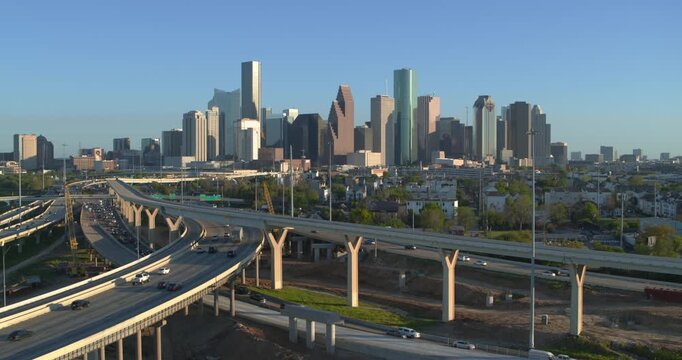 Aerial Establishing Shot &ndash; Houston Skyline Seen from I-45 North