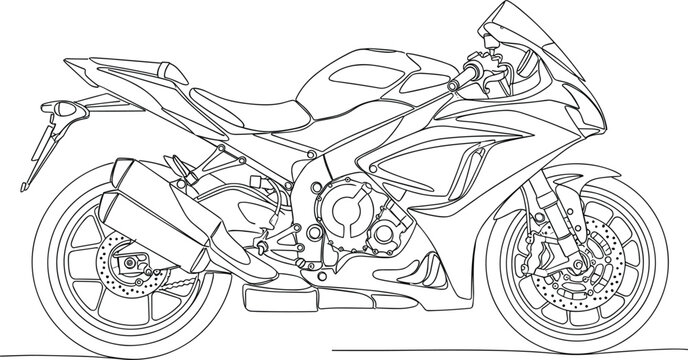 Modern sport motorcycle outline drawing side view for coloring book or technical design flat vector illustration.