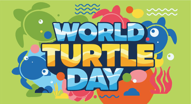 Colorful turtles World Turtle Day celebration in playful vibrant illustration for conservation awareness