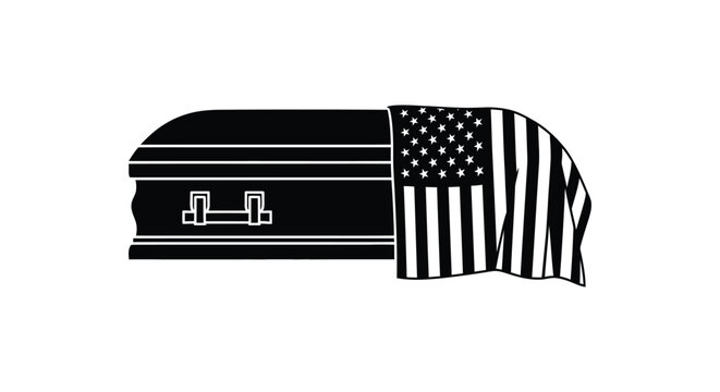 American flag draped coffin, black and white vector, funeral icon, patriotic symbol