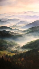 Naklejka premium Serene mountain vista bathed in warm sunlight a tranquil watercolor landscape illustration