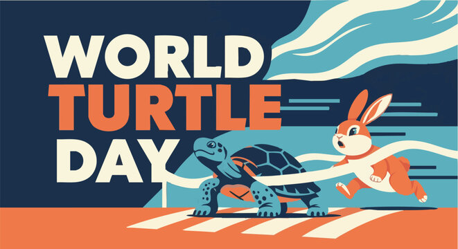 Turtle and rabbit running together in playful colorful illustration for World Turtle Day