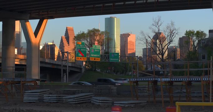 I-45 North Freeway Cars Flowing North with Downtown Houston Skyline Behind