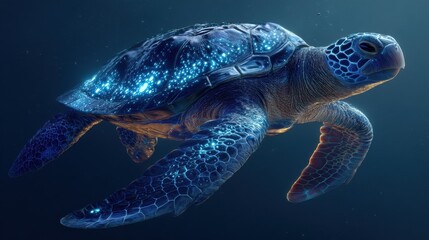 Fototapeta premium Bioluminescent sea turtle swimming underwater with glowing shell and flippers isolated