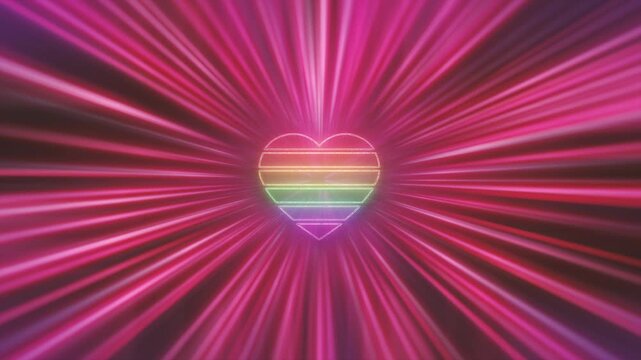 Vibrant animation of a rainbow-colored heart radiating dynamic pink rays. Perfect for love, pride, celebration, LGBTQ+, and colorful visual projects.

