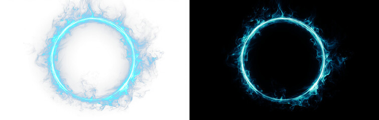 Glowing neon cyan ring with energy beam, soft smoke and spark effects on split background. Futuristic portal overlay. © Oleksandr