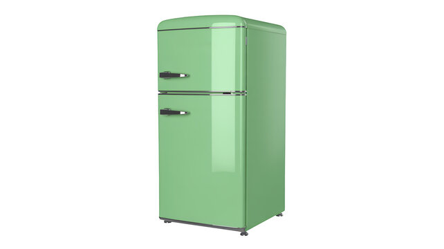 Pale green retro fridge with brand name and chrome accents refrigerator isolated on a transparent background