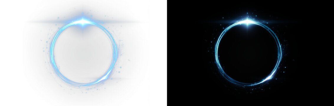 Bright turquoise neon portal ring with energy burst, sparks, light smoke and glowing fire effect on split background.