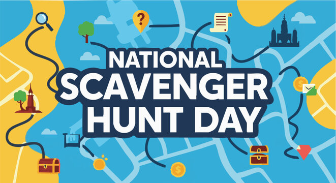 National Scavenger Hunt Day map illustration in colorful playful style with bright lighting for event promotion