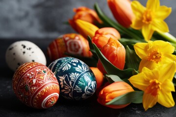 Fototapeta premium Top View of Spring Flowers and Easter Eggs Decor