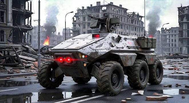 A six-wheeled robotic combat vehicle patrolling a destroyed urban street with smoke and debris in a post-apocalyptic setting.