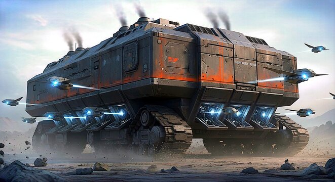 &nbsp;A giant land-based mobile fortress and aircraft carrier moving through a desolate wasteland with heavy smoke.