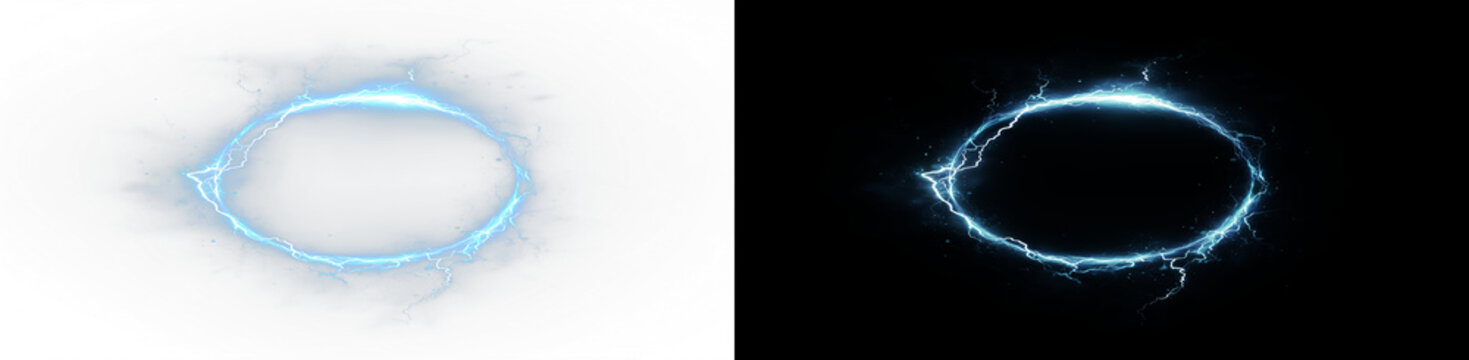 Neon blue plasma ring with lightning arcs and glowing energy sparks, dynamic sci-fi portal isolated on split background.