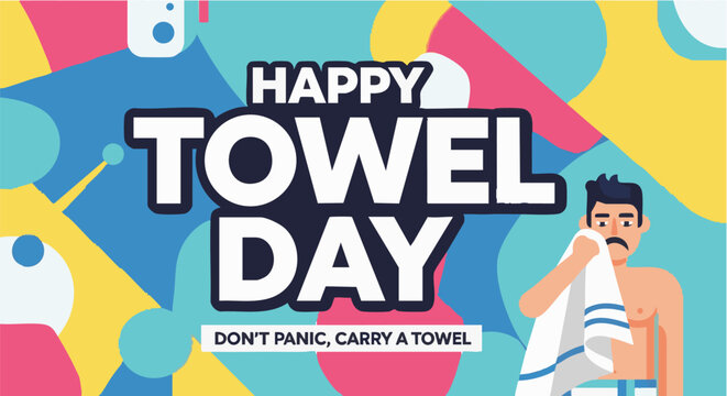 Cartoon man holding towel in colorful quirky illustration for World Towel Day celebration